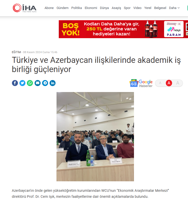 Qərbi Kaspi Universitetinin İqtisadi Tədqiqatlar Mərkəzinin fəaliyyəti İHA-da işıqlandırılıb